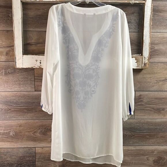 M&S Collection Women’s Sheer Tunic Swim Cover Embroidered White Royal Blue - Picture 5 of 7